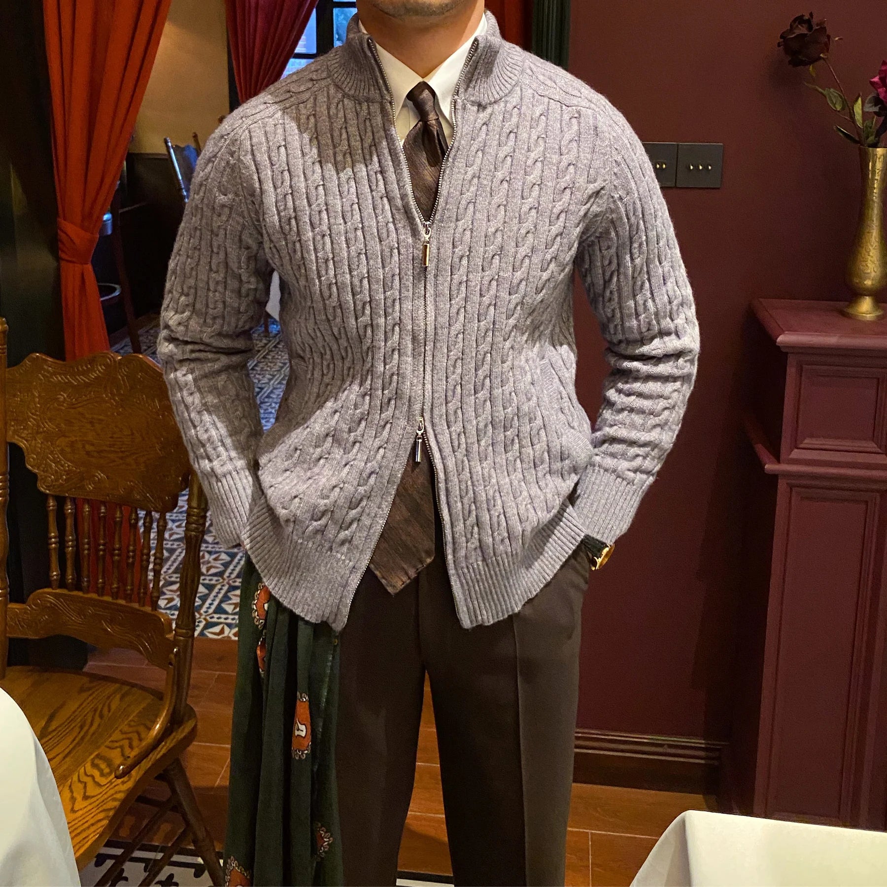 MARION CABLE KNIT ZIP-UP CARDIGAN