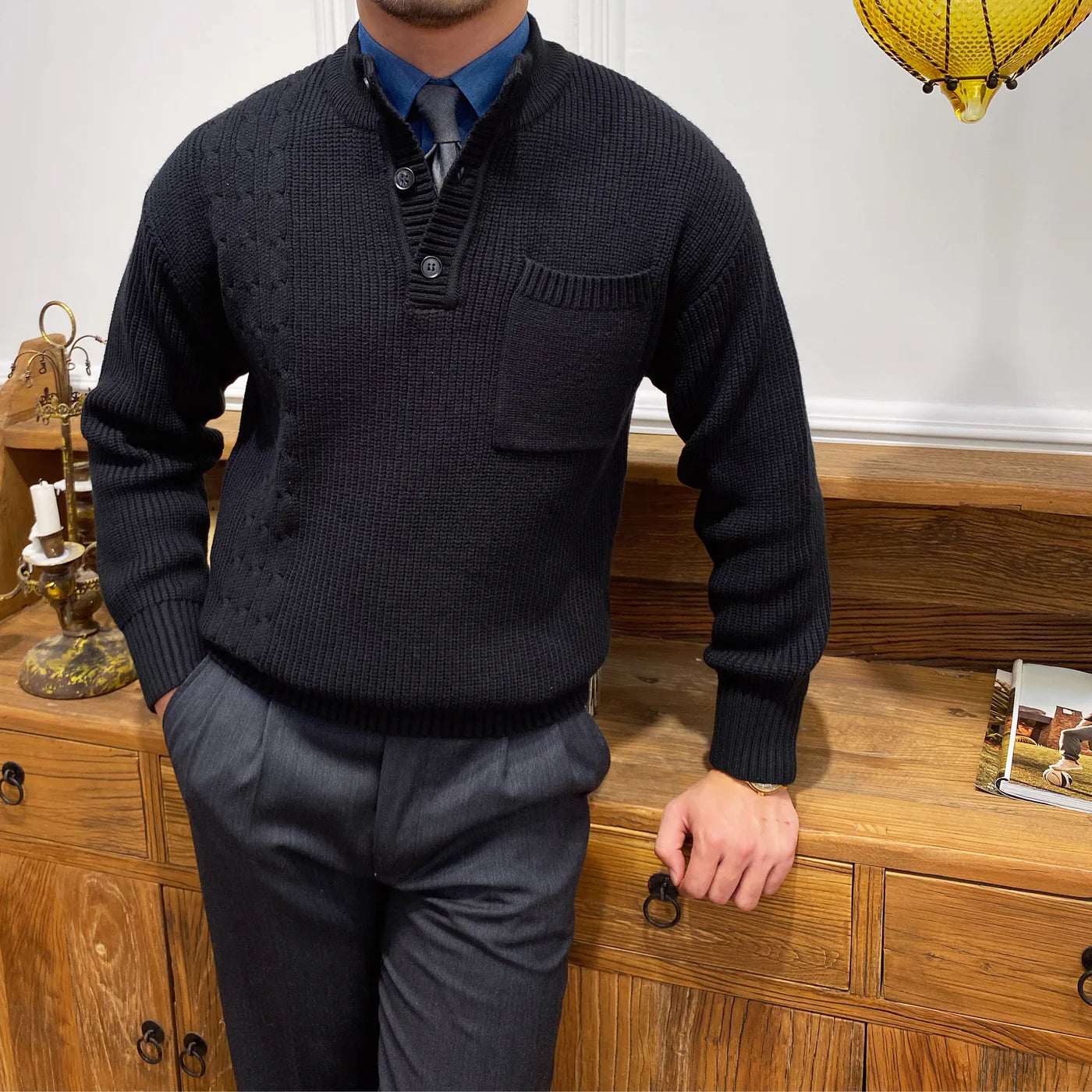 DUNES RIBBED CABLE KNIT BUTTON SWEATER