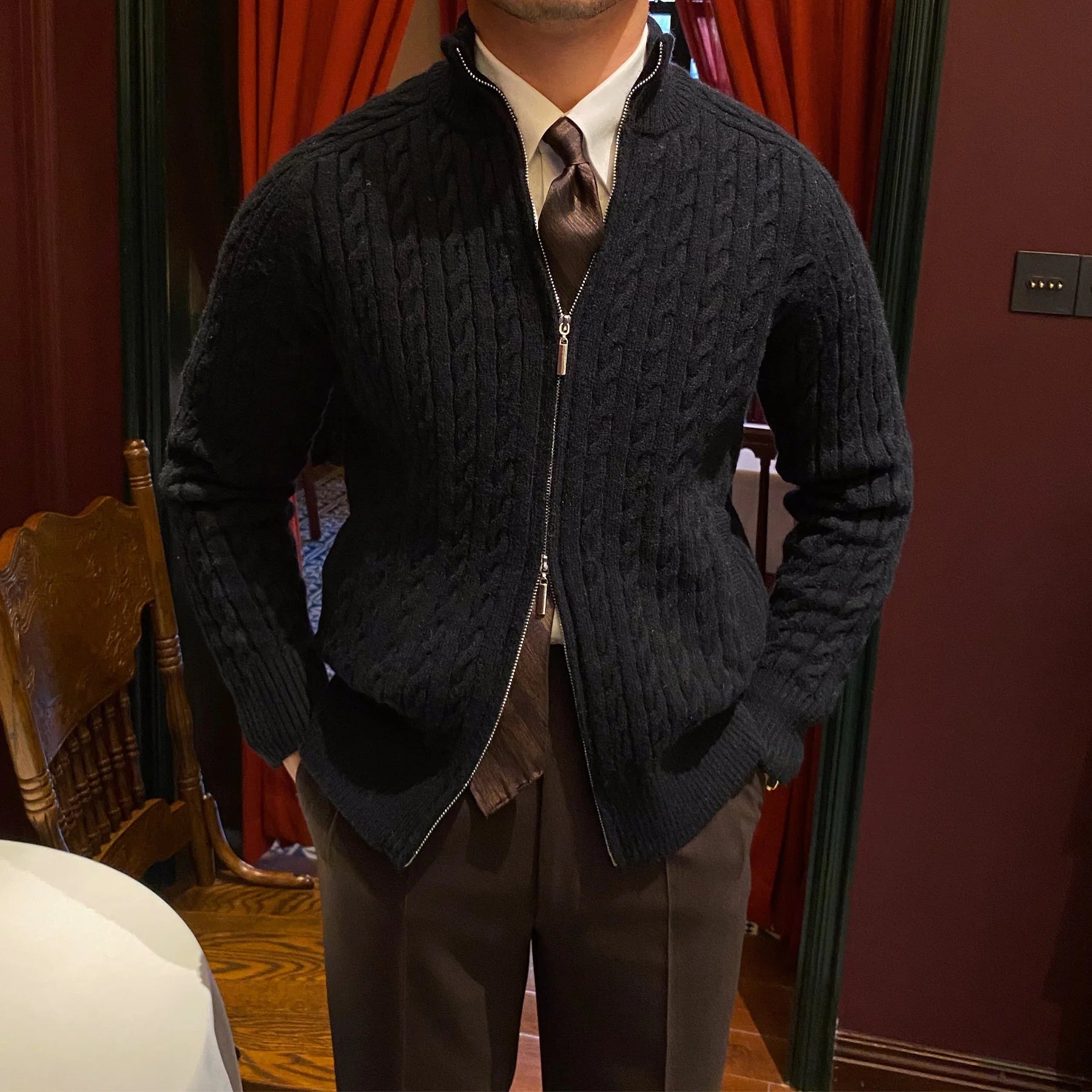 MARION CABLE KNIT ZIP-UP CARDIGAN